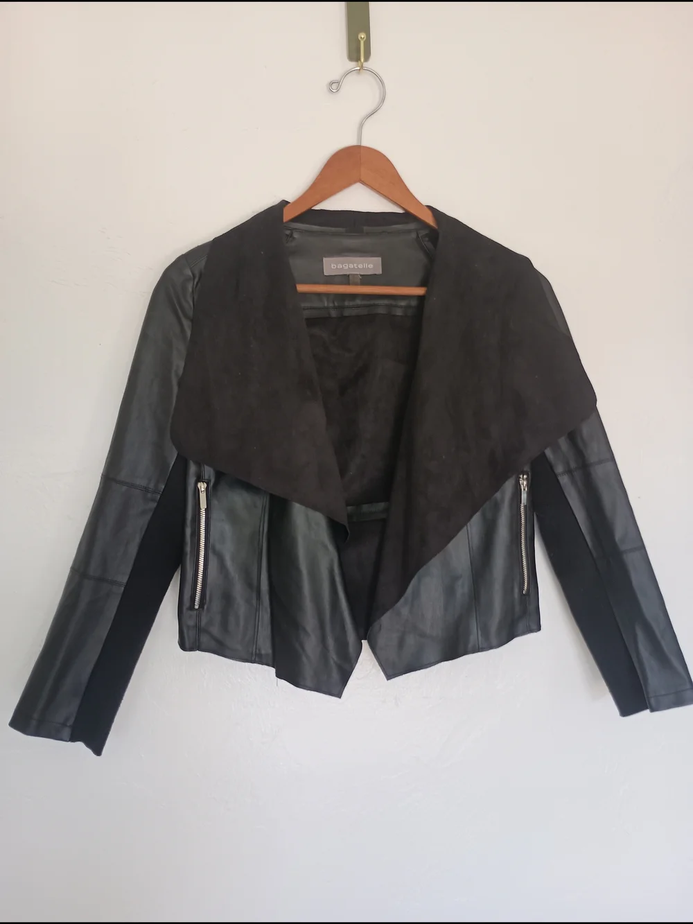 bagatelle Black Faux Leather Draped Jacket with Suede Shawl Collar